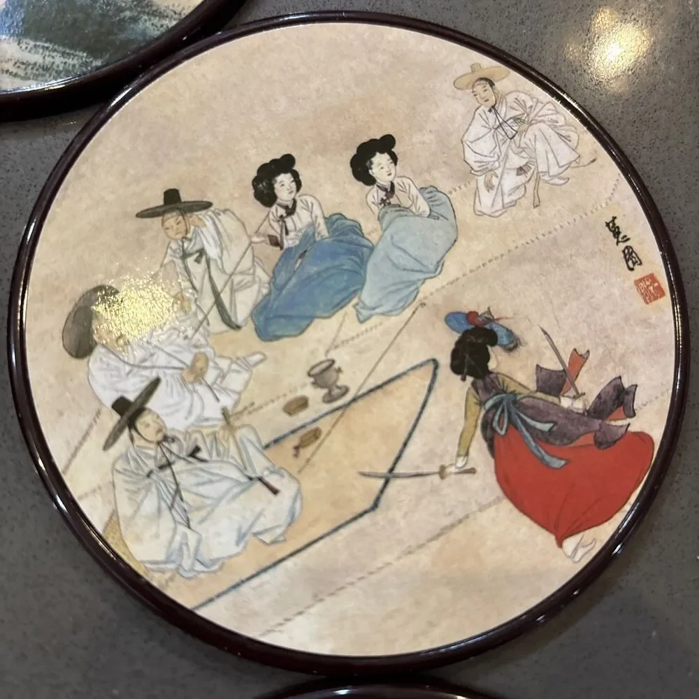 Six Korean Coaster Set With Sin Yun Bok Art Detailed Korean Scenes Laminate Cork